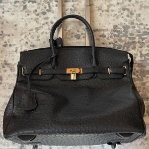 KC Jagger Black Leather Ostrich Print Wheeled Rolling Bag Travel Luggage